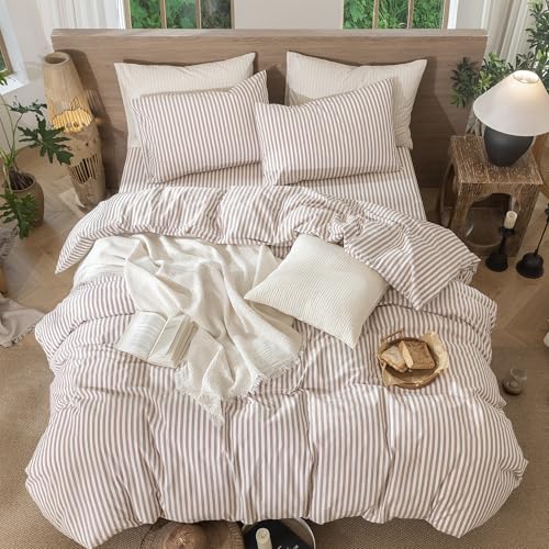 Image of MooMee Striped Duvet Cover Set 100% Washed Cotton Linen Like Full | Relaxed Linen-like Texture. Soft, Breathable & Long-lasting Comfort. Lightweight. Hidden Zipper with 8 Interior Corner Ties