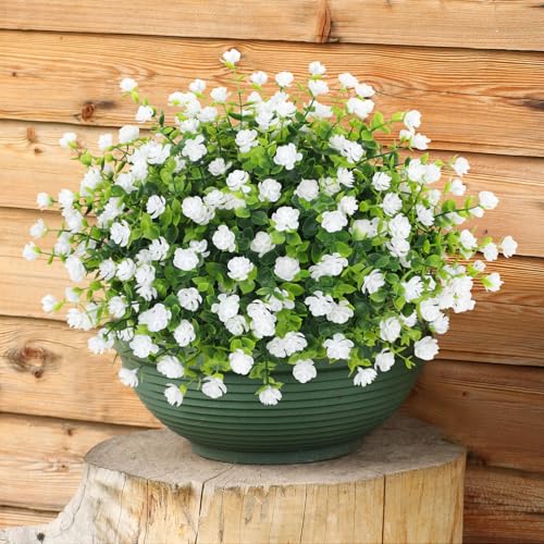 Image of Artificial Flowers for Outdoors Decoration UV Resistant, White | faux plants, fake plastic eucalyptus, greenery stems, indoor outdoor use, Garden fence patio window box porch planter decor