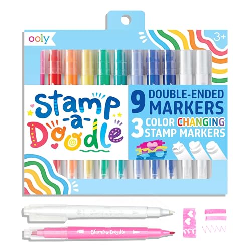 Ooly Double-Sided Stamping Markers (Chisel and Point Tips) & 3 Color Changing Stamps, Stamp Markers Change the Color of What is Stamped