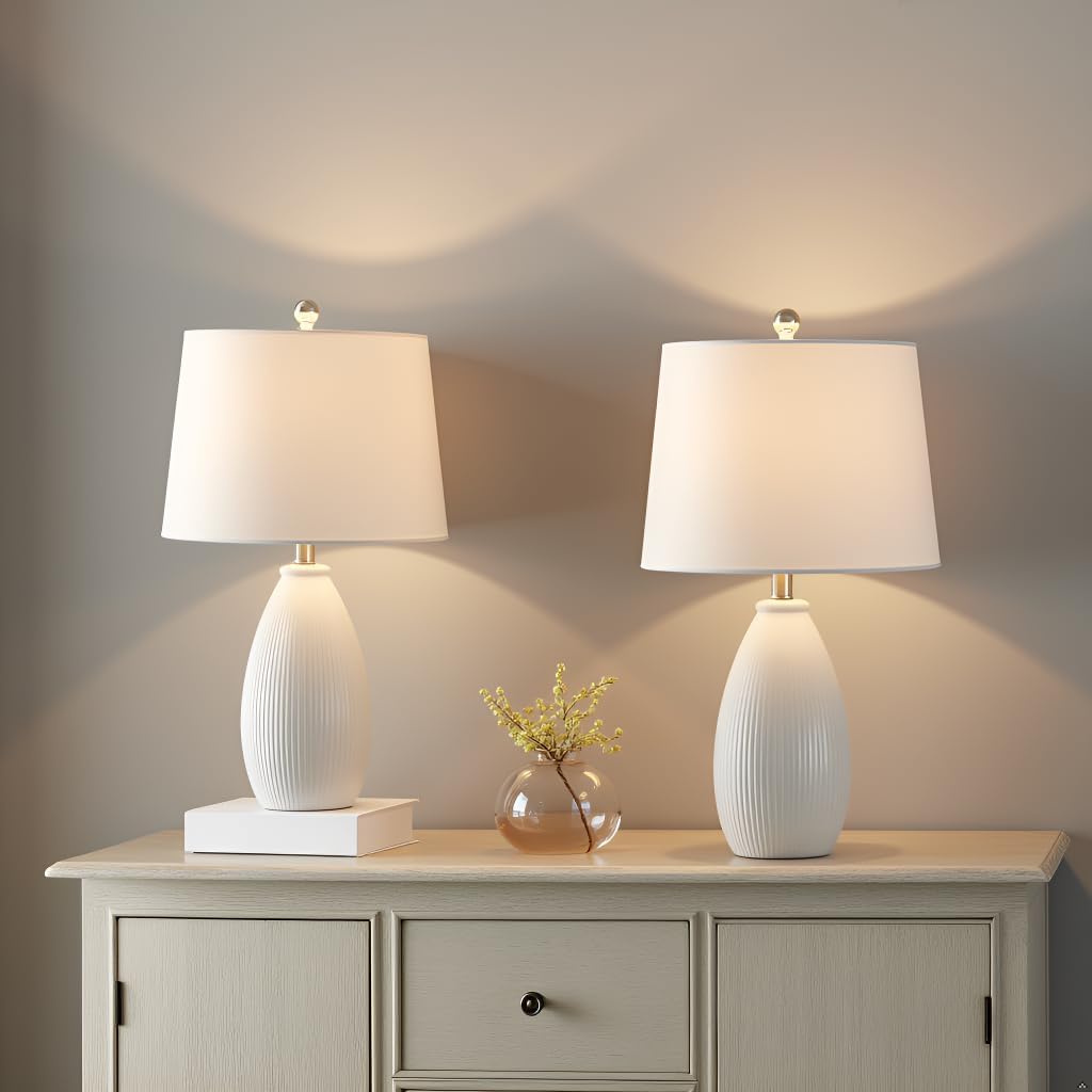 Maxax 22" Ceramic Table Lamps Set of 2, 3 Way Dimmable White Ceramic Bedside Nightstand Lamps with White Shade for Bedroom, Living Room, Office