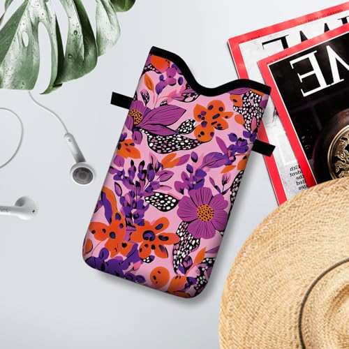 Image of Neoprene Cell Phone Sleeve Pouch Case Bag with Crossbody Strap Neck Lanyard for Women 7.1 X 3.9 in Pink Flower