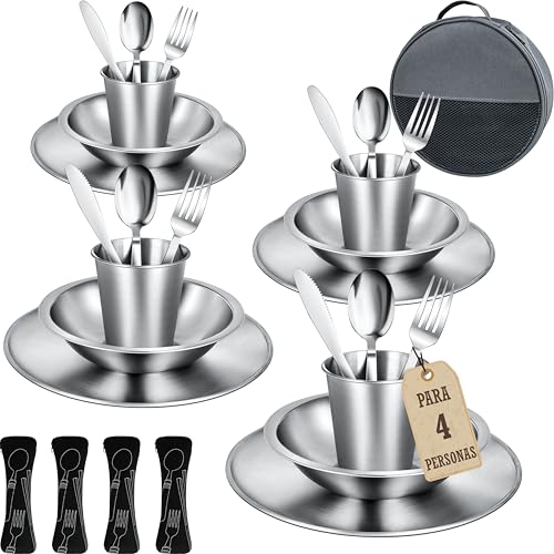 Cubiertos Camping – Vajilla de acero inoxidable. Incluye plato, cuenco, vaso, tenedor, cuchillo y cuchara. Juego de Cubiertos para llevar de picnic, acampada o autocaravana. (Para 4 Personas)