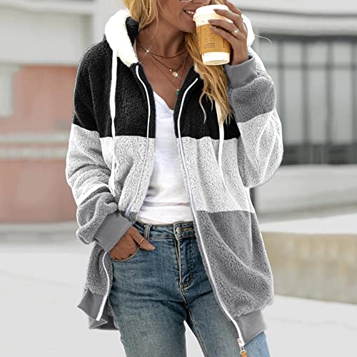Fuzzy Fleece Jackets for Women Plus Size Hoodies Fall Winter Coats Color Block Patchwork Cardigan Coat with Pockets