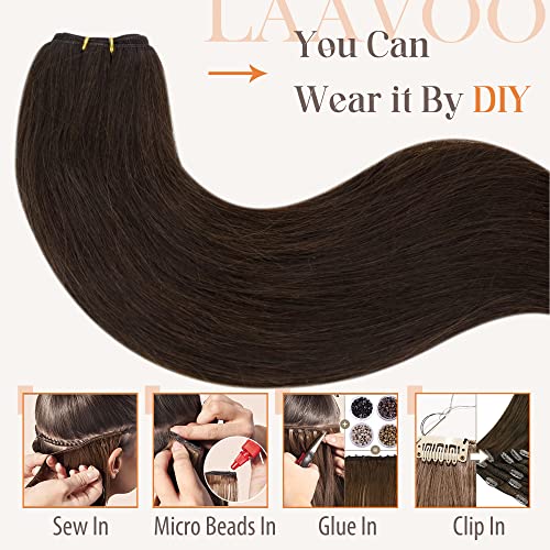LaaVoo Weft Hair Extensions Real Human Hair Brown Sew in Hair Extensions 80g 12 Inch Full Head Straight Remy Darkest Brown Invisible Double Weft Weave #2 - Image 4