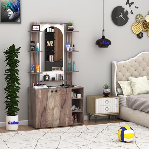 Image of Anikaa Venza Engineered Wood Dressing Table with Wall Mounted Mirror & LED Lights Open Shelf | Makeup Vanity Storage Cabinet with Soft Closed Hinge Door for Bedroom -(Coachwood /White) DIY Installation