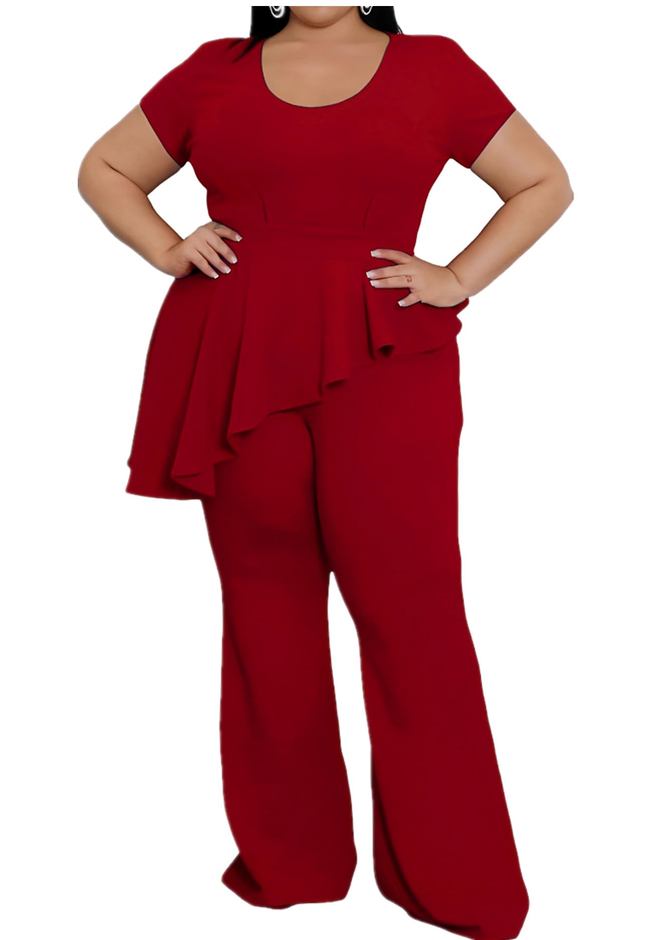 Plus Size 2 Piece Sets for Curvy Women Short Sleeve Pleated Top Wide Leg Pants Sets Pockets Business