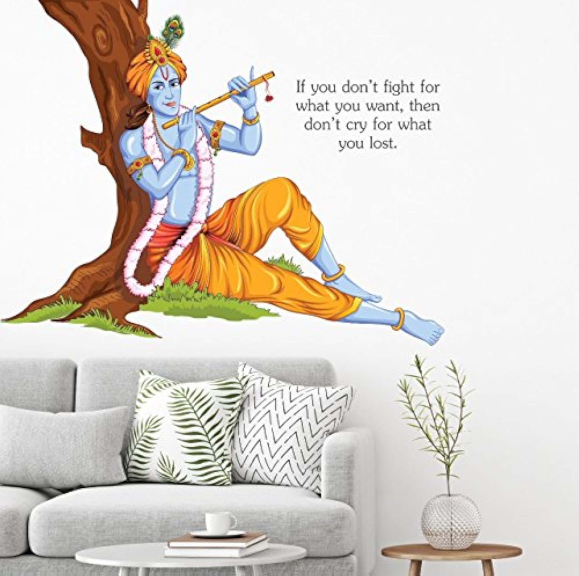 Lord Krishna Sitting Under Tree Wall Sticker, Multicolor