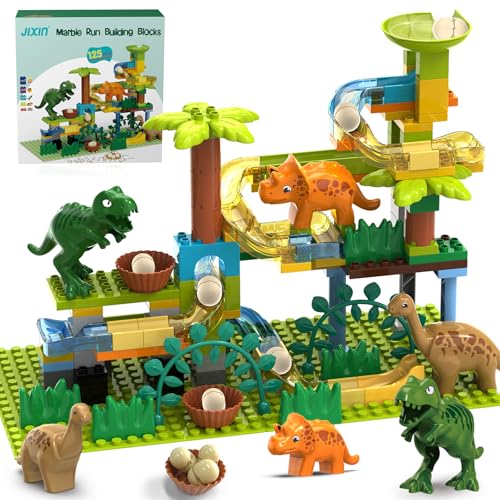 Image of JIXIn Dinosaur Marble Runs for Kids 4-8 - Building Blocks Compatible with DUPLO Lego Sets - 125 PCS Classic Big Blocks for Toddlers Ages 3-5 - Montessori Learning STEM Toys