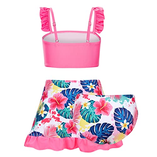 Alisister Big Girls Swimsuit Size 10-12 Bathing Suits 3 Piece Hawaiian Tropical Boho Floral Leaf Bikini Tankini Sets With Cover Up Skirt Summer Beach Swimwear 11 Year Old Dark Pink #TOP7