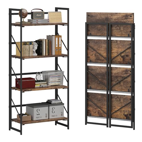 Image of JSB No Assembly Folding Bookshelf, 4 Tier Industrial Metal Book Shelf for Storage, Vintage Wood Foldable Bookcase for Living Room, Bedroom, Office Organization Shelves