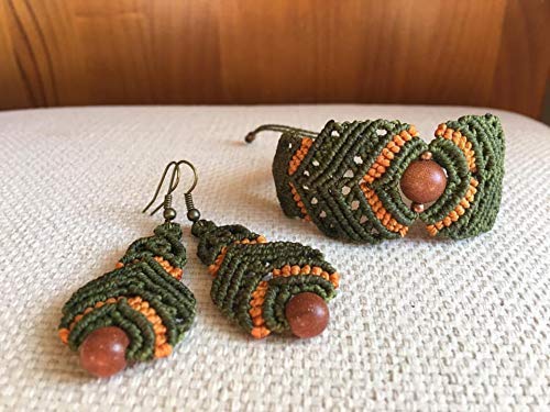 Conjunto pulsera y pendientes hechos a mano con hilo encerado y aventurina piedra del sol