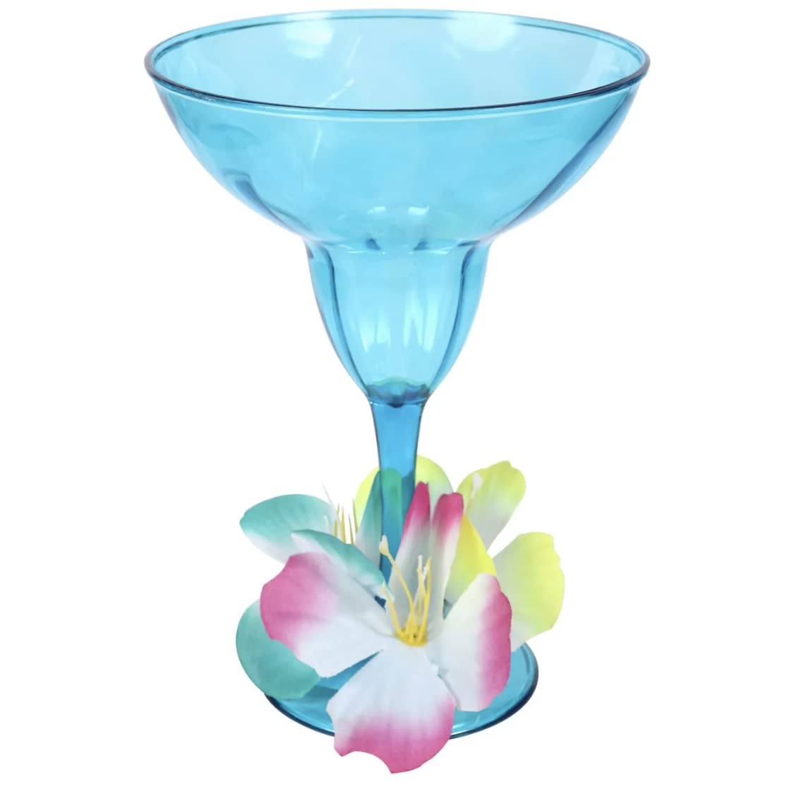 CABE Margarita Glasses With Hibiscus Flowers 15.9 oz Blue Plastic Luau Glass Set of 4 Summer Fun Party Drink (bundle KC Tingamajig)