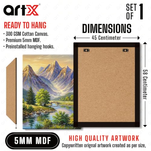 Image of ArtX Mountain Canvas Painting for Wall Decoration, Mountain Painting Vastu, River Valley Nature Wall Art, Gallery Wrapped for Living Room, Bedroom, Office Decor, 45 x 58 cm