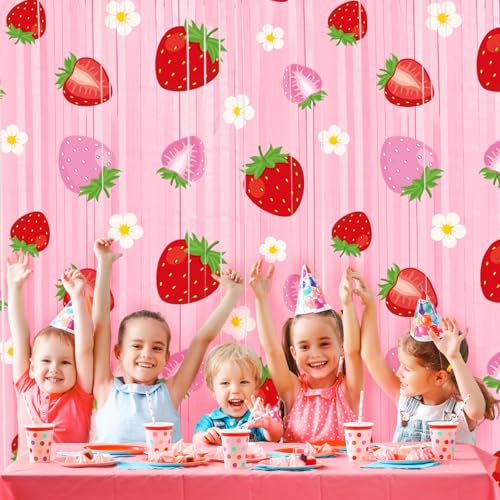 Image of Tiamon 2 Pack Strawberry Party Decorations 3.3 x 6.6 Ft Foil Fringe Curtains Berry First Birthday Backdrop Tinsel Streamers Photo Booth for Sweet Berry Shortcake Baby Shower Birthday Party Supplies