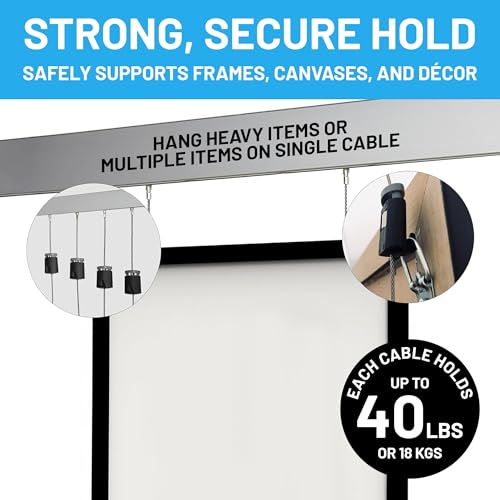 Image of AS Hanging 8ft Gallery & Picture Rail System Set (2x4ft Rails) Matte Silver Aluminum & 4 Steel Wires | 40lb Max Load per Cable | Wall Hanging Hardware for Home & Office