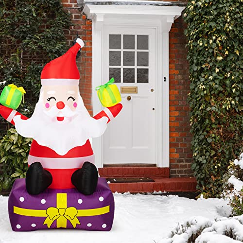 6Ft Inflatable Santa Claus Xmas Santa Claus with Gift Boxes Blow Up Yard Decor Christmas Outdoor Decorations, Built-in LED Lights with Tethers, Stakes for The Yard, Lawn, Garden