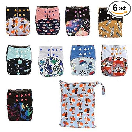 AIO Reusable Washable Cloth Diaper Nappy Charcoal Bamboo Insert Overnight (6PCS AIO Double Gussets+1 Wet Bag)