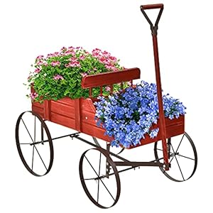 Goplus Wagon Planter Decorative Wooden Garden Planter with Wheels 2 Planting Sections and Adjustable Handle Indoor Outdoor Backyard Balcony Decor Red