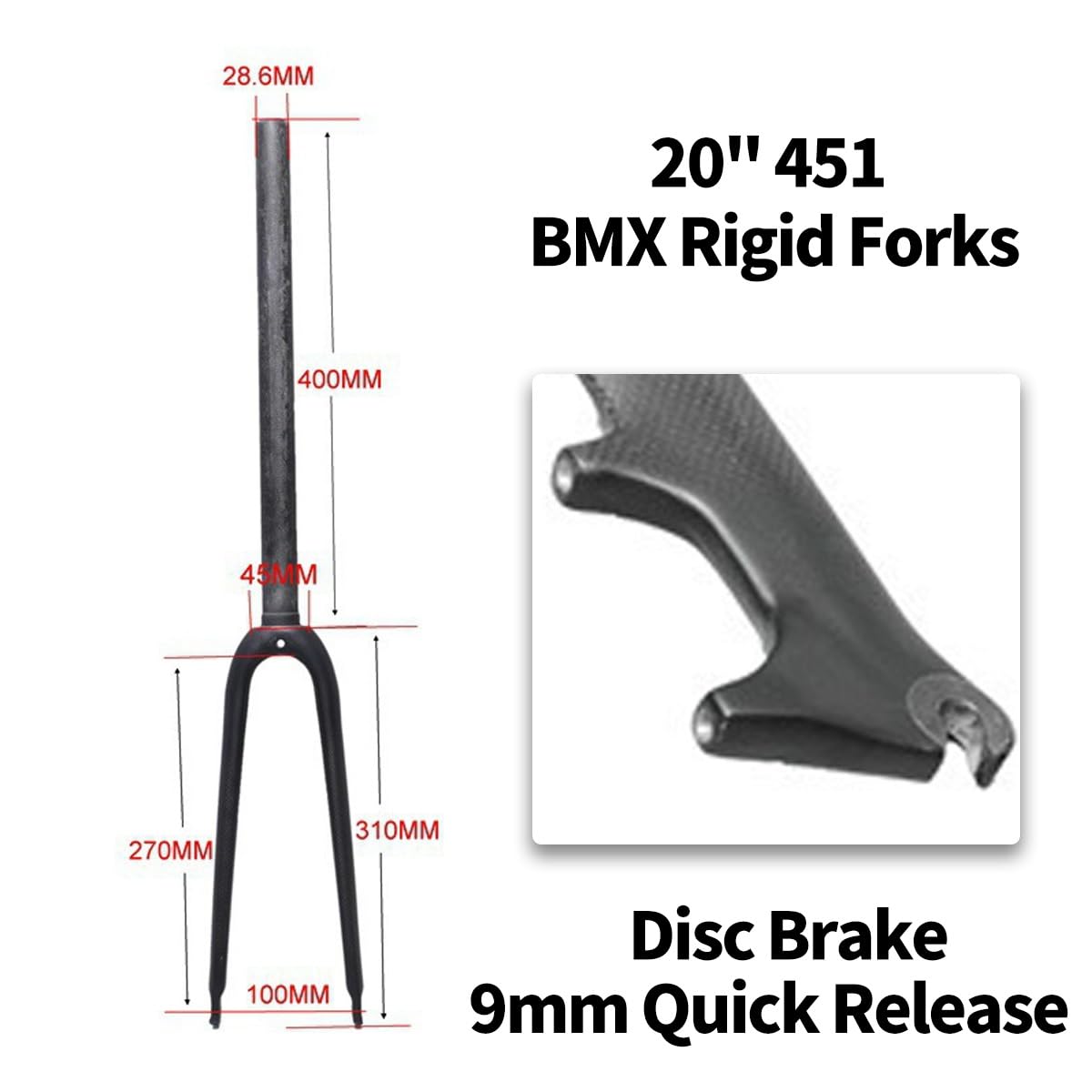 Horquilla rígida BMX de 20" de Fibra de Carbono 451, Delantera de 1-1/8", Tubo Recto, Freno de Disco, 9 * 100 mm, liberación rápida (Negro Brillante).