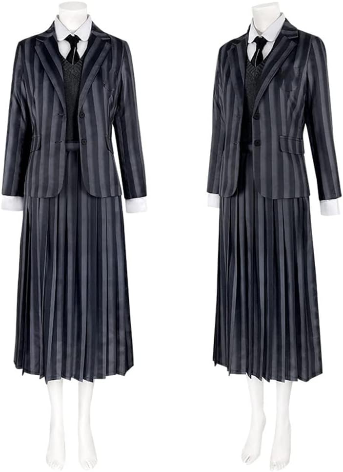 Adult Nevermore Academy Cosplay Costume School Outfits Black Stripe Suits Gothic Dress Skirt (S)