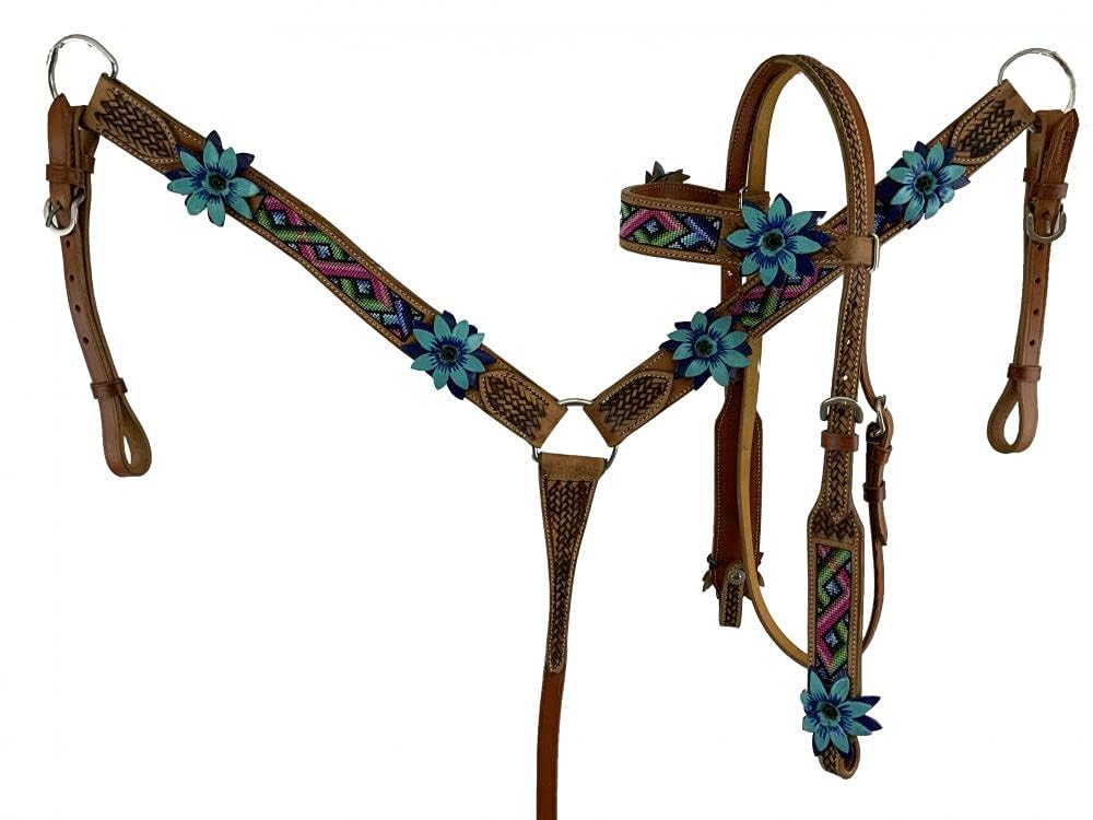 Showman ® Rawhide Braided Headstall and Breast Collar Set with Crossed Guns Conchos.