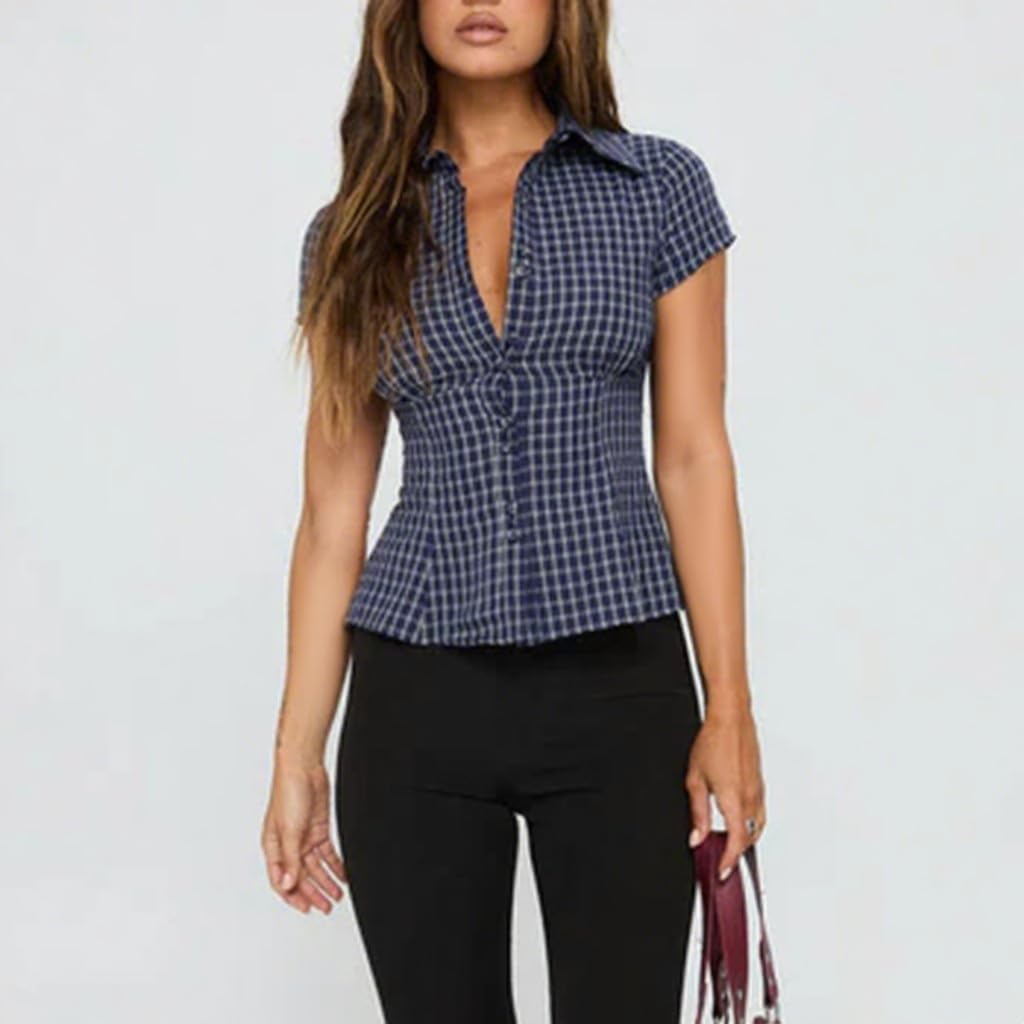 Women Y2k Short Sleeve Button Up Shirt Lapel Collar V Neck Plaid Open Front Blouse Basic Casual Going Out T-Shirt - Image 4