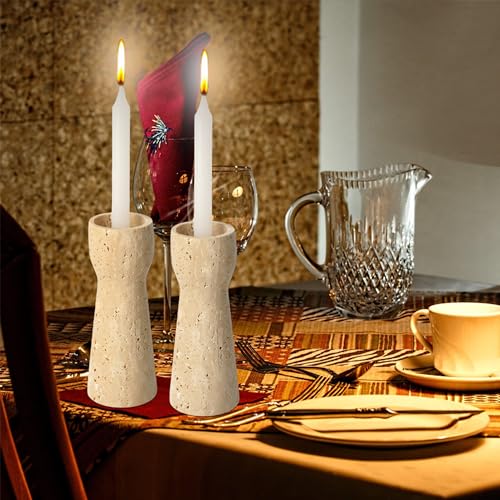 Worhe Italy Natural Travertine Stone Candle Holders Set Of 2 Candlestick Holder For Pillar Taper Candles For Home Dinning Party Wedding Modern Decor Premium Candle Stand Beige  thumb #4
