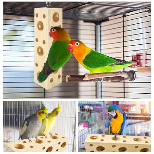 MUYG Bird Wooden Block Chewing Toy Parrot Beak Grinding Toys Wood Birds Cage Foraging Training Toys with Conure Perch Stand for Parakeets Cockatiels Lovebird Budgie