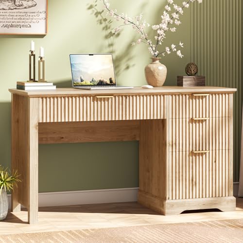 Vabches Fluted Executive Desk with Drawers Wood Computer Desk with Ample File Drawer Home Office Desk with Storage for Study Bedroom Living Room Oak