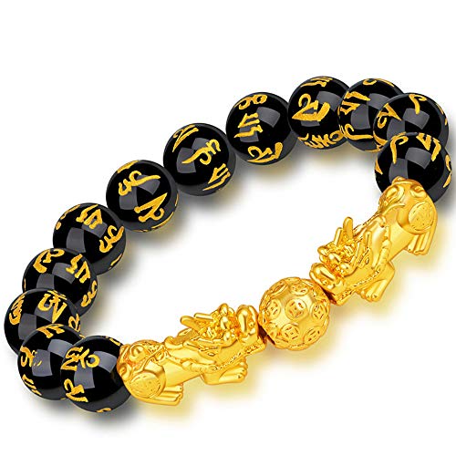 Feng Shui Amulet Bracelet Prosperity 12mm Mantra Bead Bracelet with Double Gold Plated Pi Xiu/Pi Yao Attract Lucky and Wealthy Bangle