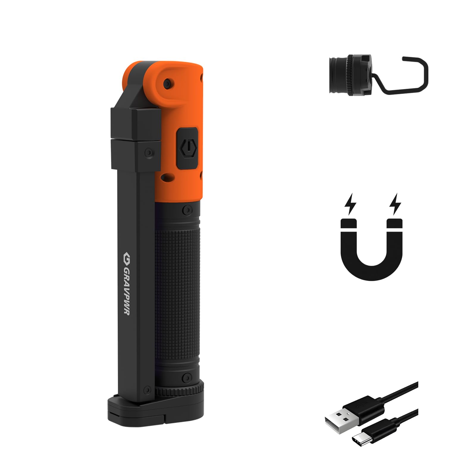 Rechargeable Work Light,850LM, LED Magnetic Light,Full-Range dimming，2600mAh Type-C Fast Charge, IP65 IK07 UV, Heavy Duty Light for Mechanic, Garage & Job Site,GRAVPWR F7 (Orange)