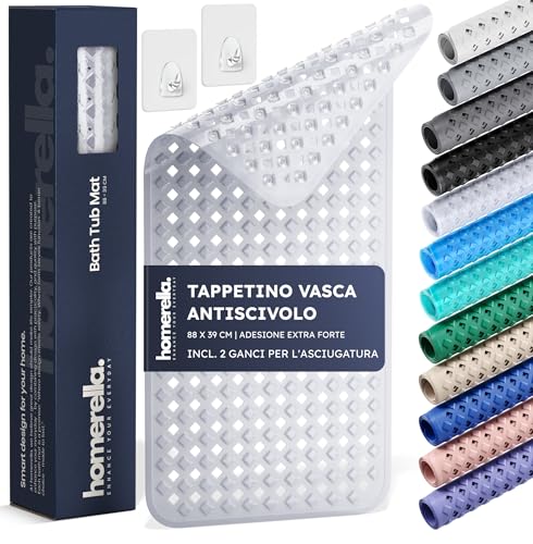 homerella® Tappetino vasca antiscivolo 88x39cm INCL. GANCI - Tappetino doccia antiscivolo senza BPA - Tappeto doccia antiscivolo vasca da bagno resistente alla muffa e lavabile in lavatrice