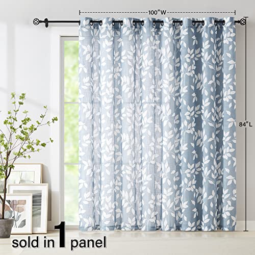 Image of Blue White Sliding Glass Door Curtain Leaf Print Semi Sheer Curtain panels 100 inch Extra Wide 84 inch Linen Textured Privacy Window Draperies for Living Room Privacy Botanical Glass Door Curtain 100 inchw 1 pc