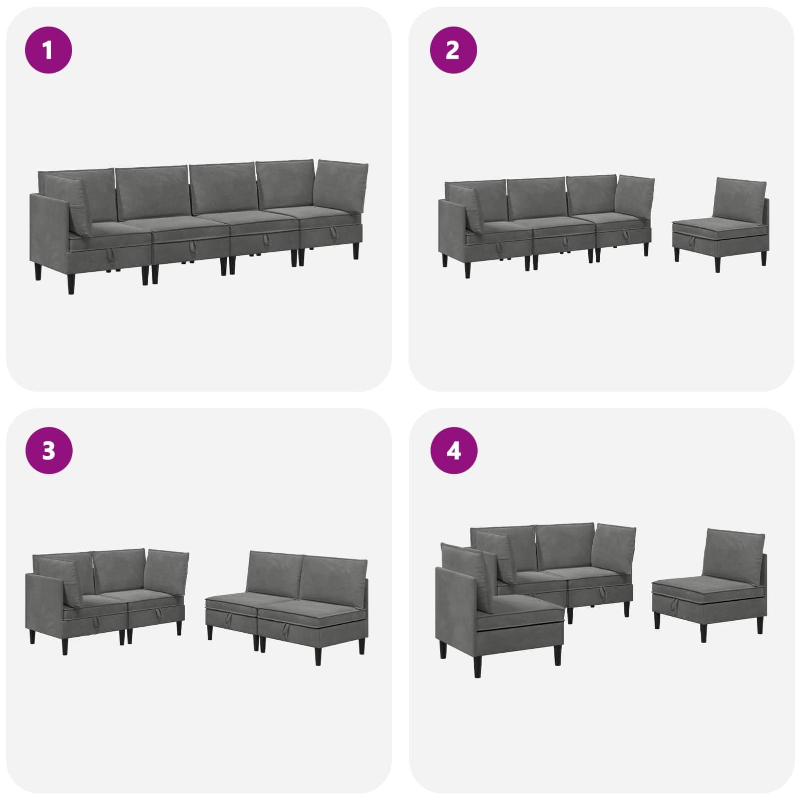 Conjunto de muebles de salón de 4 piezas gris oscuro aterciopelado, sofá moderno con asientos tapizados y almacenamiento, Fusion Terciopelo y contrachapado para durabilidad y elegancia, diseño