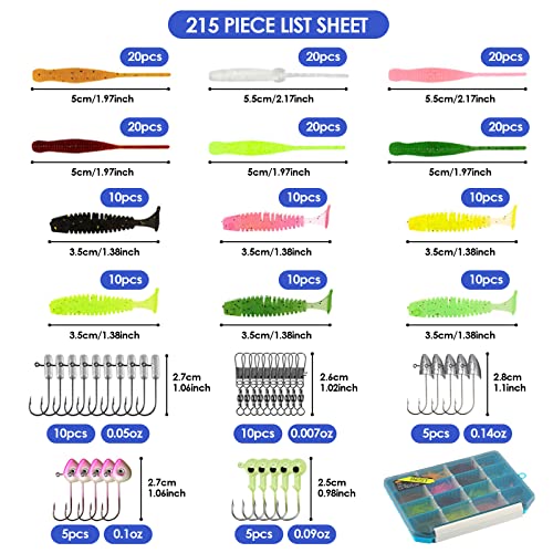 215Pcs Fishing Soft Lures Jig Head Fishing Hooks With Tackle Box,Baits Tackle Soft Plastic Worms Lures Crankbait Jigs Hooks,Saltwater Freshwater Soft Bait And Hook Fishing Kit #TOP2