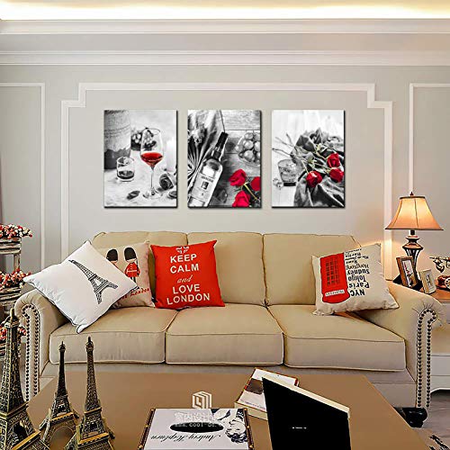 Canvas Wall Art Decor Wine Painting Artwork Poster Red Wine In Cups With Ice Rose Black White Canvas Wall Art Print Framed Pictures Red Rose Poster Giclee For Kitchen Bar Home Decorations 3 Piece #TOP3