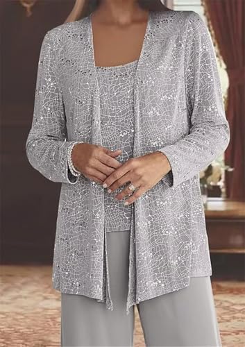 Elegant Silver 3-Piece Mother of the Bride Pantsuit | Applique Jacket & Wide-Leg Trousers - Image 4