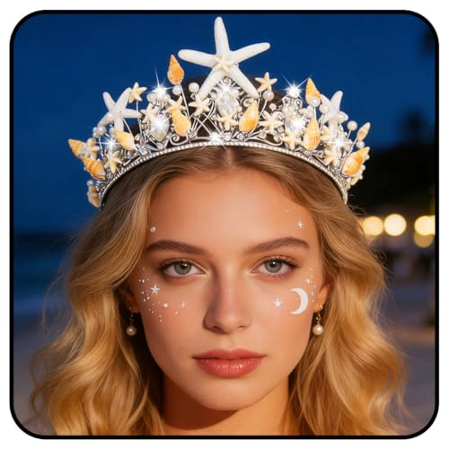 Zoestar Tiara de estrella de mar con corona de sirena plateada, diadema de conchas marinas, accesorios para el cabello para mujer