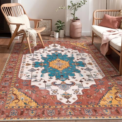 SERISSA Bedroom Rug 4x6 Boho Rug, Vintage Orange Washable Area Rugs Non Slip, Ultra Soft Print Distressed Low-Pile Throw Rug Carpet for Nursery Dorm Kitchen Living Room Decor