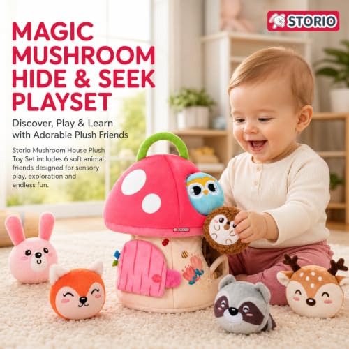 Image of Storio Mushroom House Plush Toy Set with 6 Stuffed Animals, Sensory Soft Toys for Babies & Toddlers, Fill and Dump Activity Toy, Travel Carry Case, Learning Toy for Kids 6 Months+