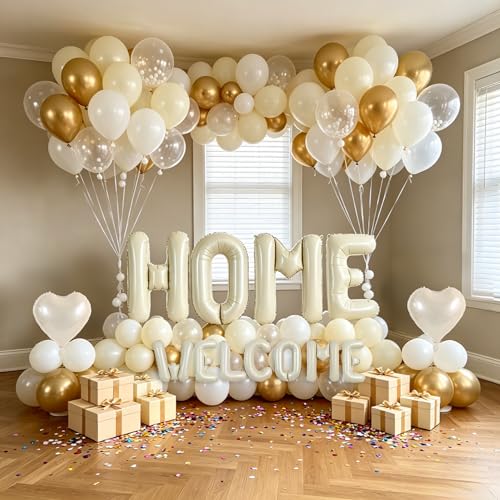 Image of TONIFUL 2 Size Cream White WELCOME HOME Foil Letter Balloons Banner Decor