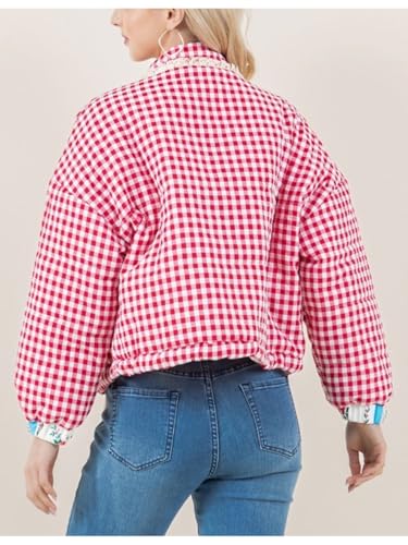 Womens Plaid Heart Pocket Jacket Snap Button Cropped Puffer Jacket Winter Gingham Heart Jacket Coat Outwear2