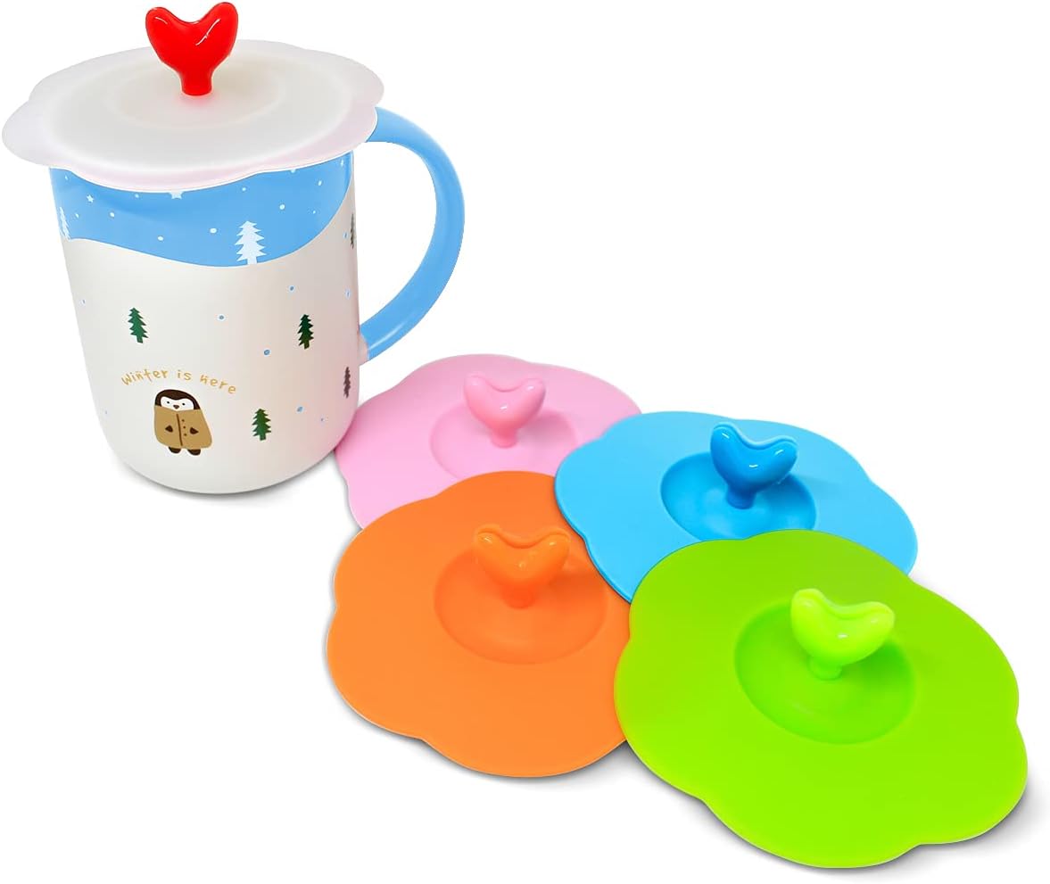 Silicone Suction Lids Heart Shape Spoon Stirrer Holder Home Office Coffee Tea Cup Mug Cover Set (5Pcs), Colourful, 5 pcs