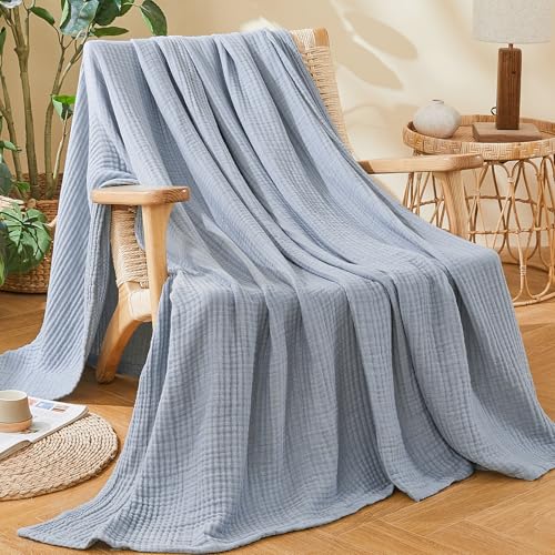 EMME Cotton Muslin Large Throw Blanket Couch Breathable Gauze Soft Lightweight Bed Blankets Adults (Heather Dusty Blue, 50"x70")