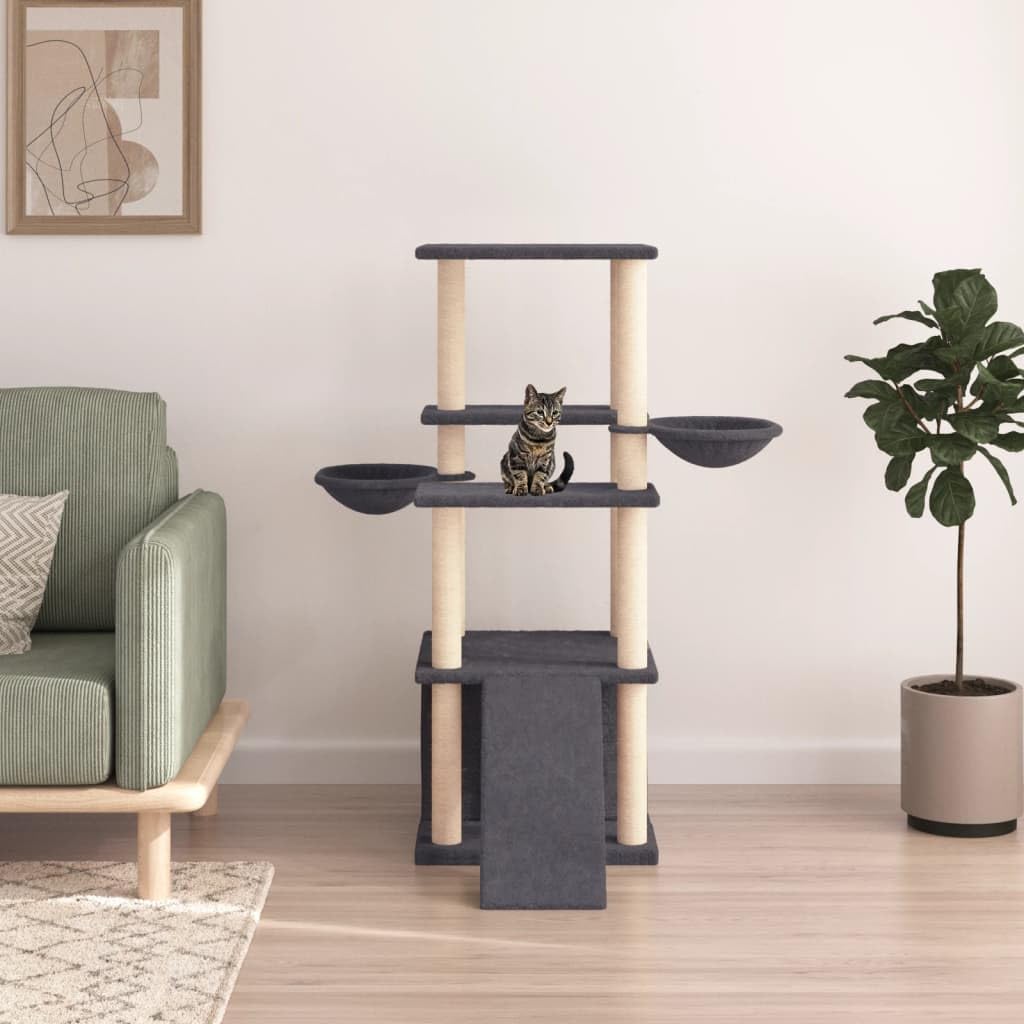 Arbre à chat gris foncé de 133 cm avec tour à gratter en sisal et maison multicouche