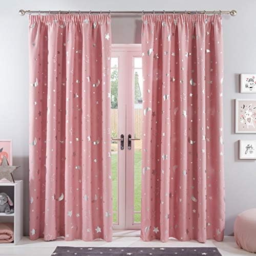 Dreamscene Galaxy Star Thermal Blackout Curtains Pair of Pencil Pleat Metallic Moon Panels, Blush Pink, 46" Wide x 54" Drop