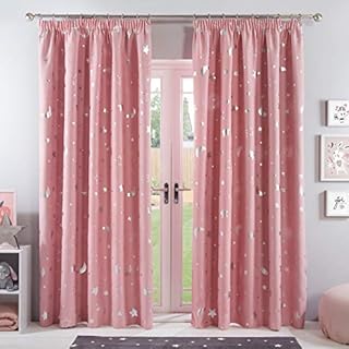 Dreamscene Galaxy Star Thermal Blackout Curtains Pair of Pencil Pleat Metallic Moon Panels, Blush Pink, 46" Wide x 54" Drop