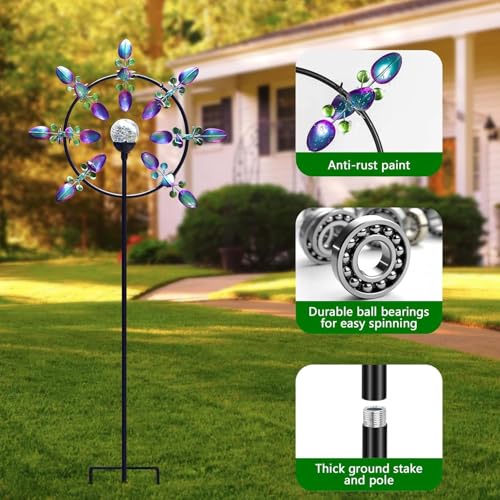 Image of Large Peacock Solar Wind Spinner Outdoor - Metal Kinetic Sculptures with Color-Changing Glass Ball, Dual Direction Spinning Garden Art Decor, Waterproof Lighted Windmills for Patio, Yard, Lawn