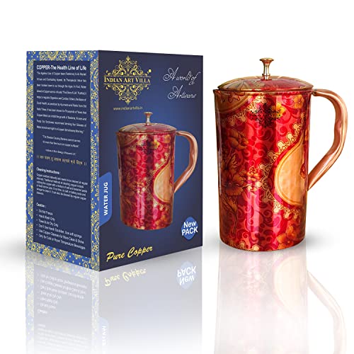 Indian Art Villa Pure Copper Jug With Red Floral Abstract Print & Brass Knob On Top, Serveware & Drinkware, Volume - 50 OZ