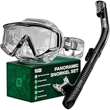 Pano 3 180 Panoramic Dive Mask, Three-Window Tempered Glass Scuba Mask with Dry Top Snorkel, Dual-Layer Silicone Skirt Anti-Leak Diving Gear for Men Women Teens Adults, 4 Color Options